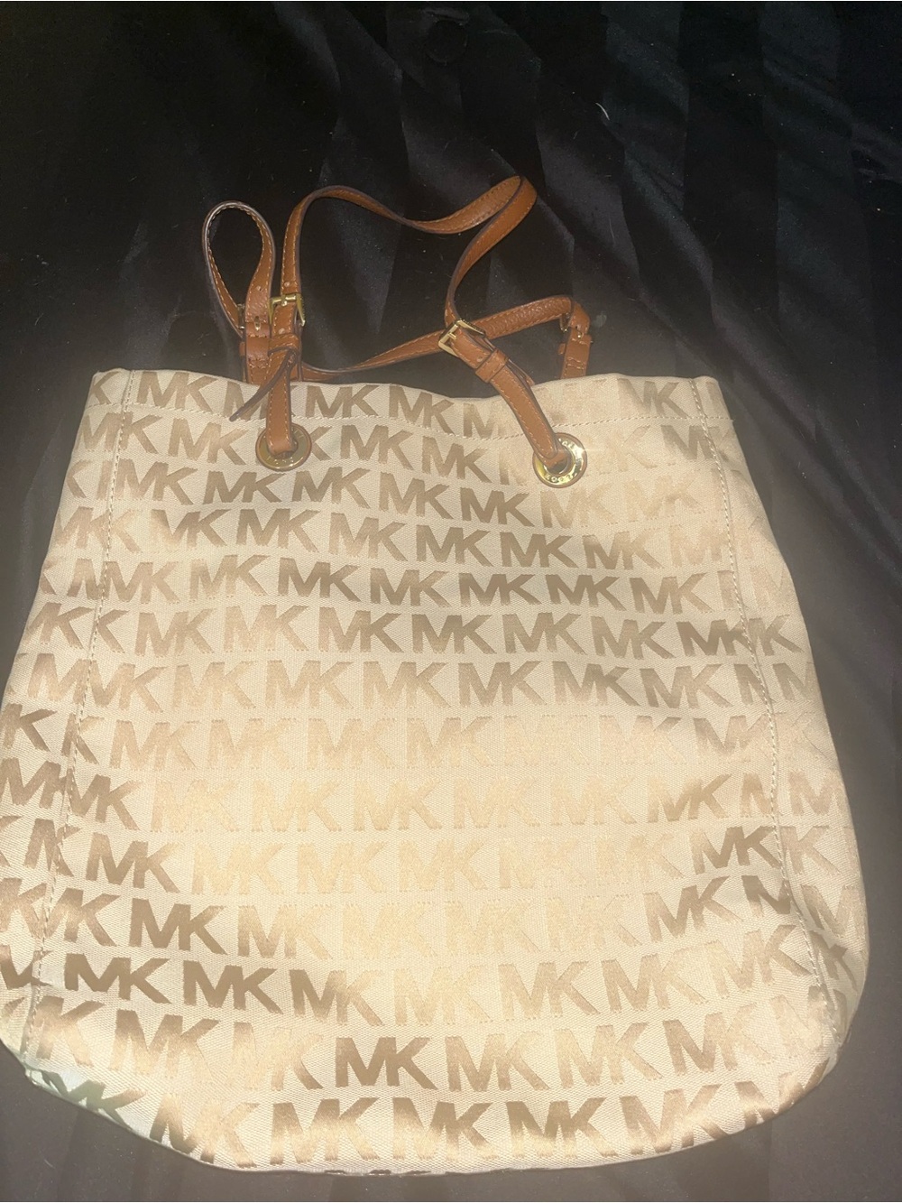 Michael Kors Beige MK Monogram Tote with Tan Leather Straps